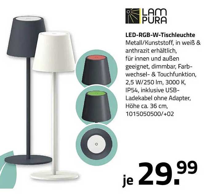 LED-RGB-W-Tischleuchte Metall/Kunststoff, in weiß & anthrazit erhältlich, für innen und außen geeignet, dimmbar, Farbwechsel- & Touchfunktion, 2,5 W/250 lm, 3000 K, IP54, inklusive USB-Ladekabel ohne Adapter, Höhe ca. 36 cm, 1015050500/+02