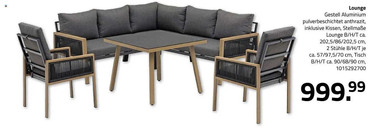 Lounge Gestell Aluminium pulverbeschichtet anthrazit, inklusive Kissen, Stellmaße Lounge B/H/T ca. 202,5/86/202,5 cm, 2 Stühle B/H/T je ca. 57/97,5/70 cm, Tisch B/H/T ca. 90/68/90 cm, 1015292700