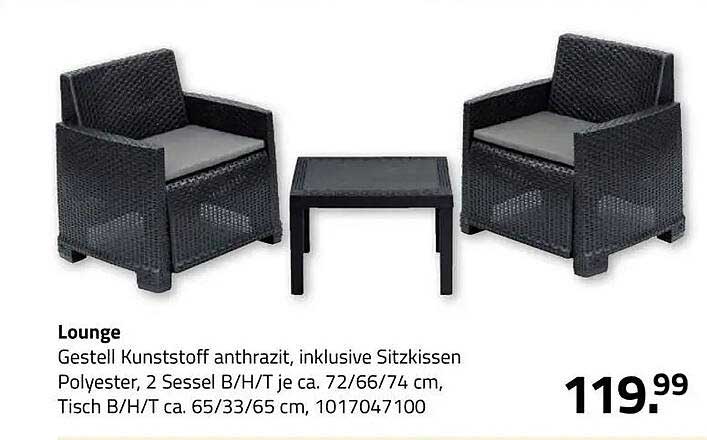 Lounge Gestell Kunststoff anthrazit, inklusive Sitzkissen Polyester, 2 Sessel B/H/T je ca. 72/66/74 cm, Tisch B/H/T ca. 65/33/65 cm