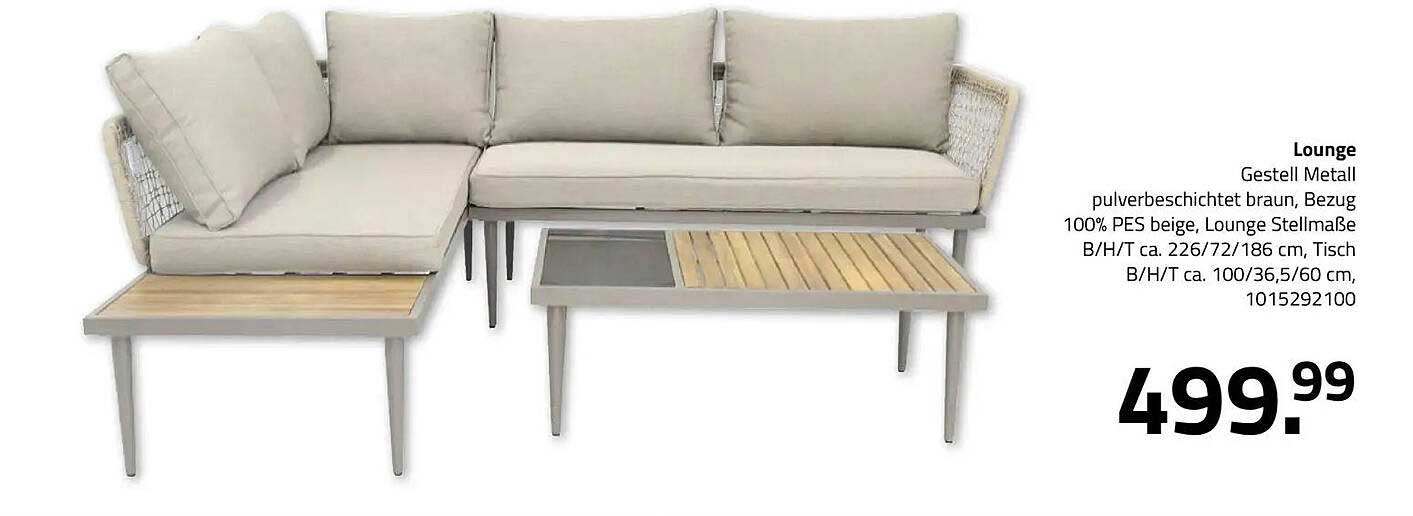 Lounge Gestell Metall pulverbeschichtet braun, Bezug 100% PES beige, Lounge Stellmaße B/H/T ca. 226/72/186 cm, Tisch B/H/T ca. 100/36,5/60 cm, 1015292100