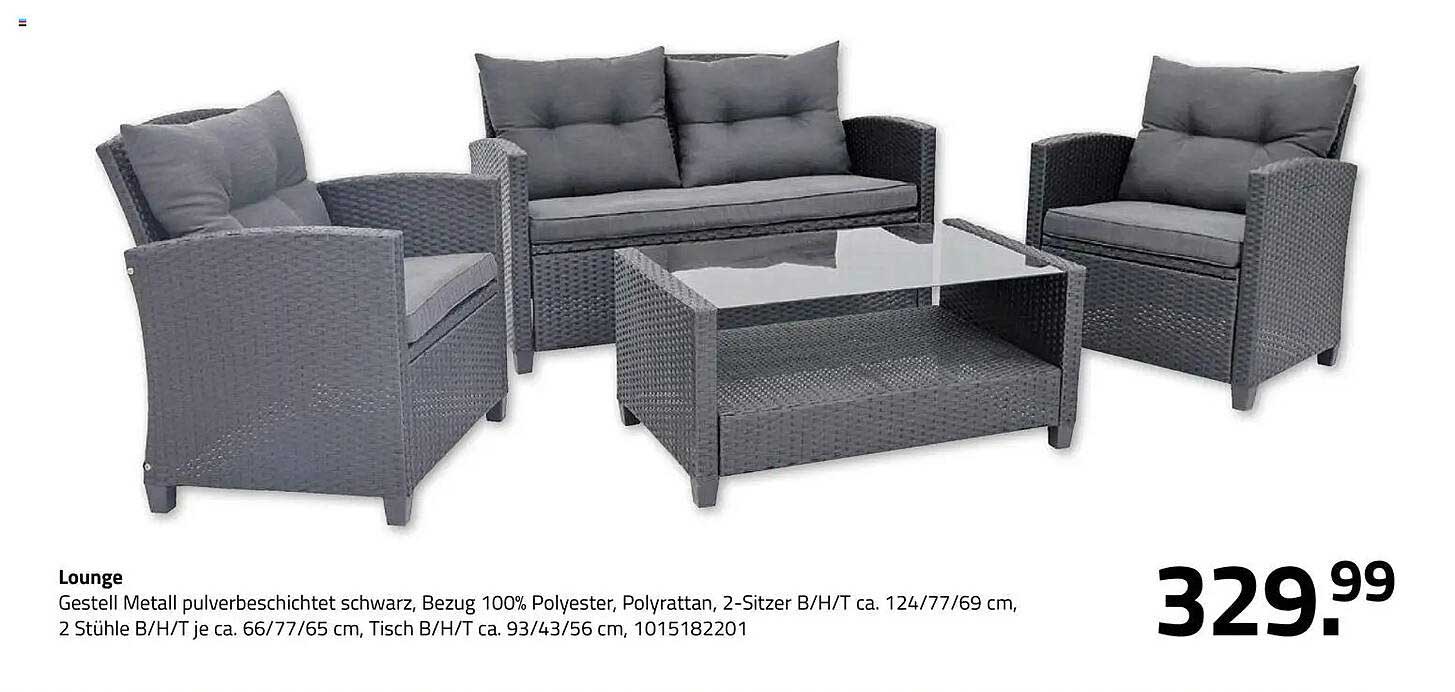 Lounge Gestell Metall pulverbeschichtet schwarz, Bezug 100% Polyester, Poly rattan, 2-Sitzer B/H/T ca. 124/77/69 cm, 2 Stühle B/H/T je ca. 66/77/65 cm, Tisch B/H/T ca. 93/43/56 cm, 1015182201