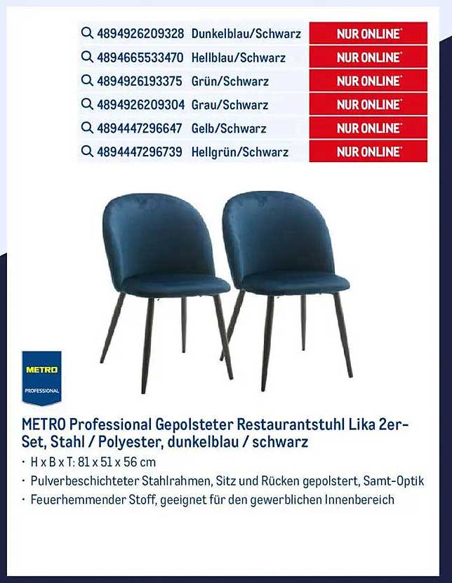 METRO Professional Gepolsterter Restaurantstuhl Lika 2er-Set, Stahl / Polyester, dunkelblau / schwarz