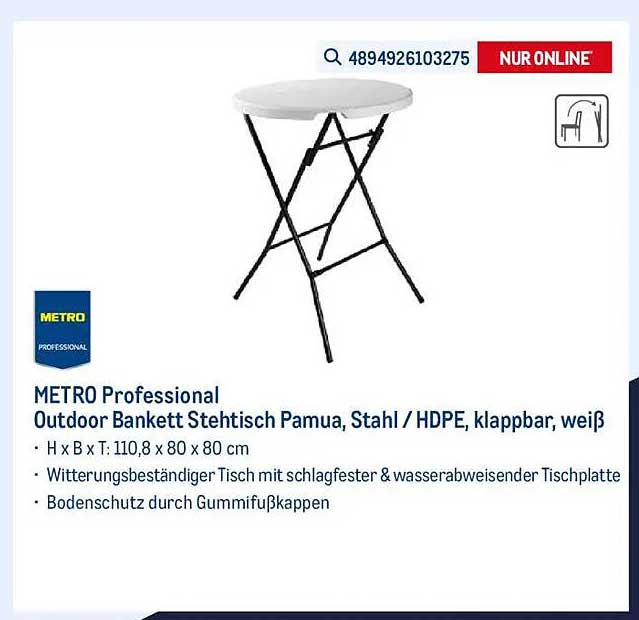 METRO Professional Outdoor Bankett Stehtisch Pamua, Stahl / HDPE, klappbar, weiß