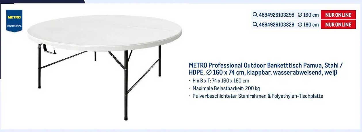 METRO Professional Outdoor Bankettisch Pamua, Stahl / HDPE, Ø 160 x 74 cm, klappbar, wasserabweisend, weiß