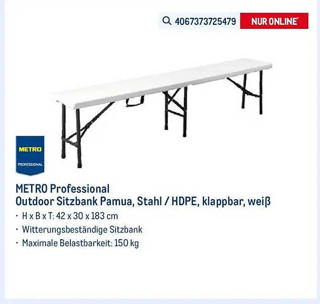 METRO Professional Outdoor Sitzbank Pamua, Stahl / HDPE, klappbar, weiß