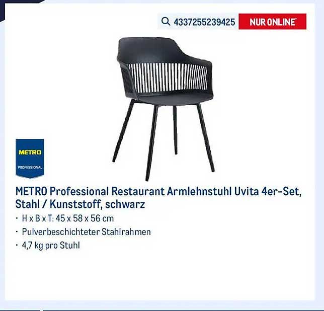 METRO Professional Restaurant Armlehnstuhl Uvita 4er-Set, Stahl / Kunststoff, schwarz