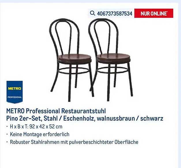 METRO Professional Restaurantstuhl Pino 2er-Set, Stahl / Eschenholz, walnussbraun / schwarz