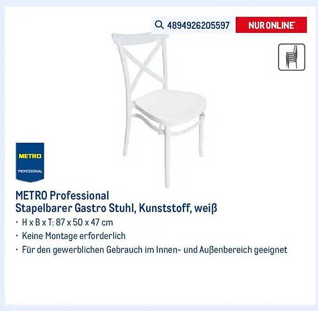 METRO Professional Stapelbarer Gastro Stuhl, Kunststoff, weiß
