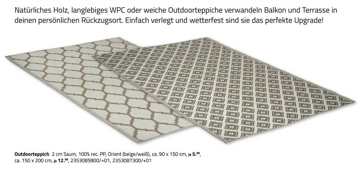 Outdoorteppich 2 cm Saum, 100% rec. PP, Orient (beige/weiß), ca. 90 x 150 cm, je 5.99