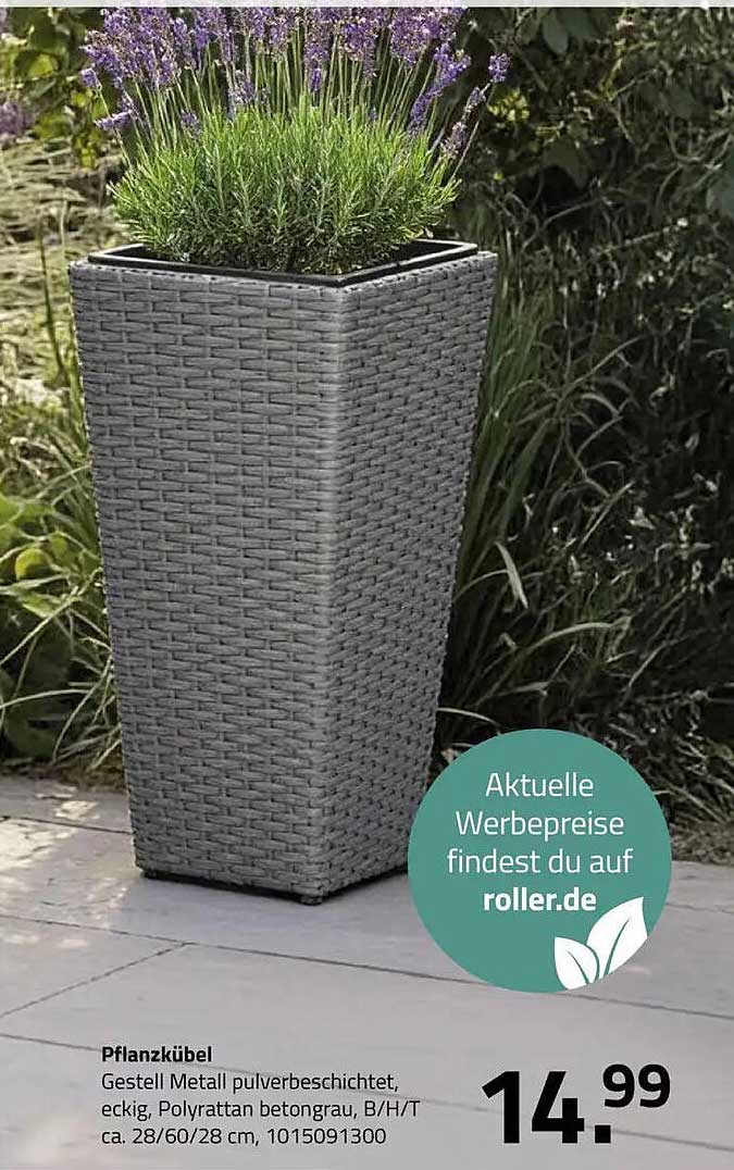 Pflanzkübel Gestell Metall pulverbeschichtet, eckig, Poly Rattan betongrau, B/H/T ca. 28/60/28 cm, 1015091300
