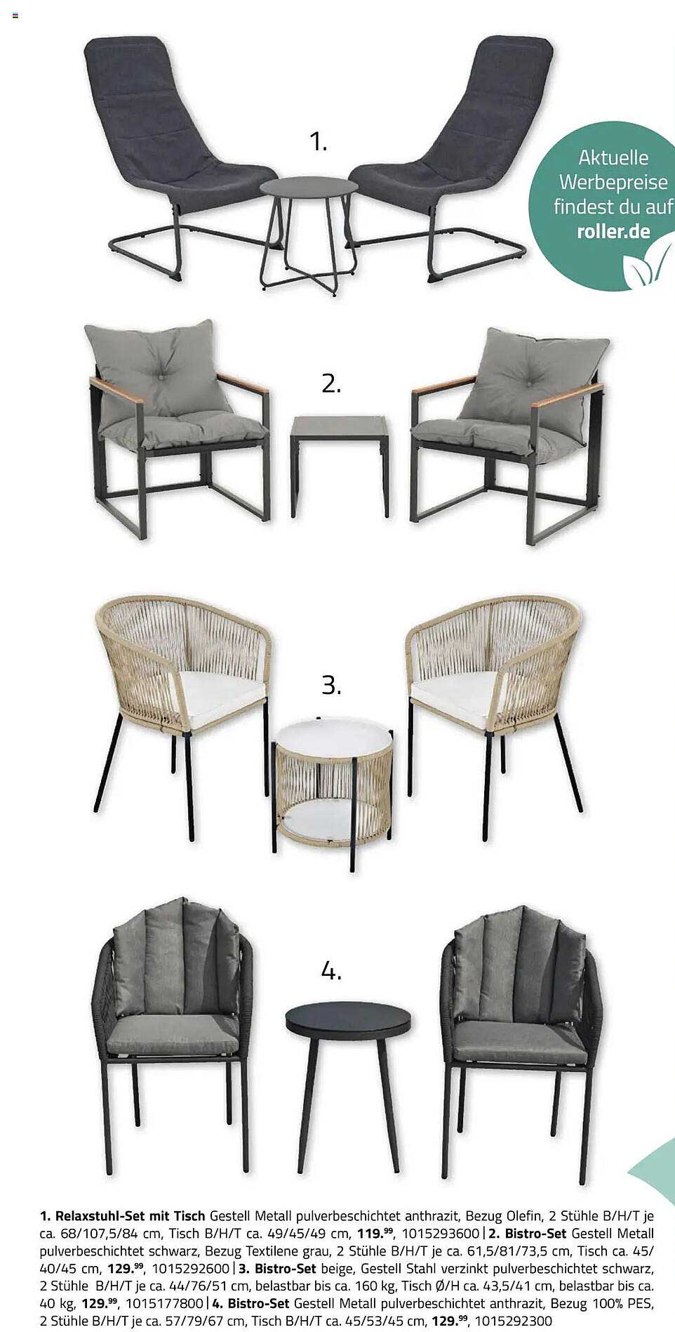 Relaxstuhl-Set mit Tisch Gestell Metall pulverbeschichtet anthrazit, Bezug Olefin, 2 Stühle B/H/T je ca. 68/107,5/84 cm, Tisch B/H/T ca. 49/45/49 cm