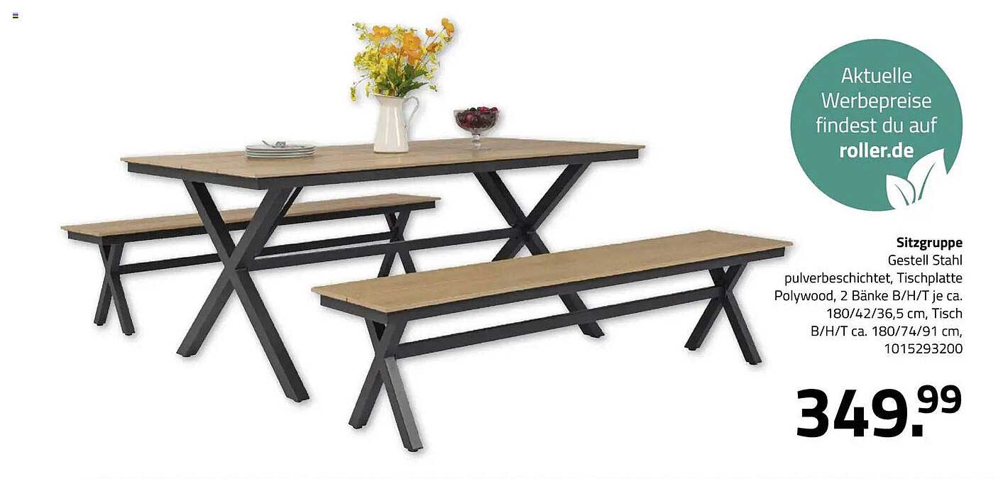 Sitzgruppe Gestell Stahl pulverbeschichtet, Tischplatte Polywood, 2 Bänke B/H/T je ca. 180/42/36,5 cm, Tisch B/H/T ca. 180/74/91 cm