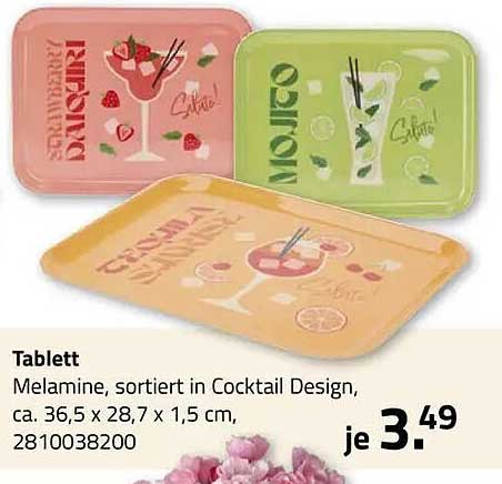Tablett Melamine, sortiert in Cocktail Design, ca. 36,5 x 28,7 x 1,5 cm