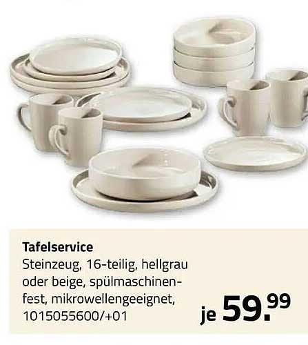 Tafelservice
Steinzeug, 16-teilig, hellgrau oder beige, spülmaschinenfest, mikrowellengeeignet