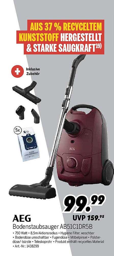 AEG Bodenstaubsauger AB51C1DR5B – Aus 37 % recyceltem Kunststoff & starke Saugleistung