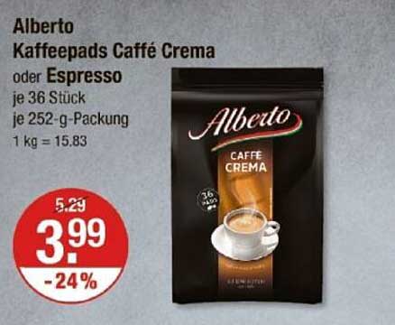 Alberto Kaffeepads Caffé Crema oder Espresso (36 Stück, 252 g)