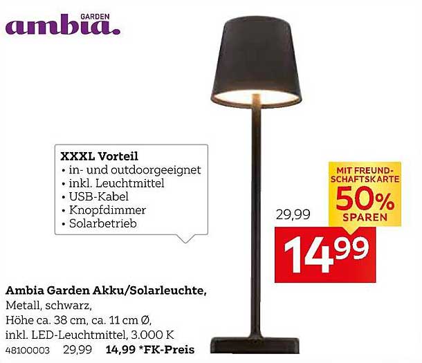 Ambia Garden Akku/Solarleuchte, Metall, schwarz