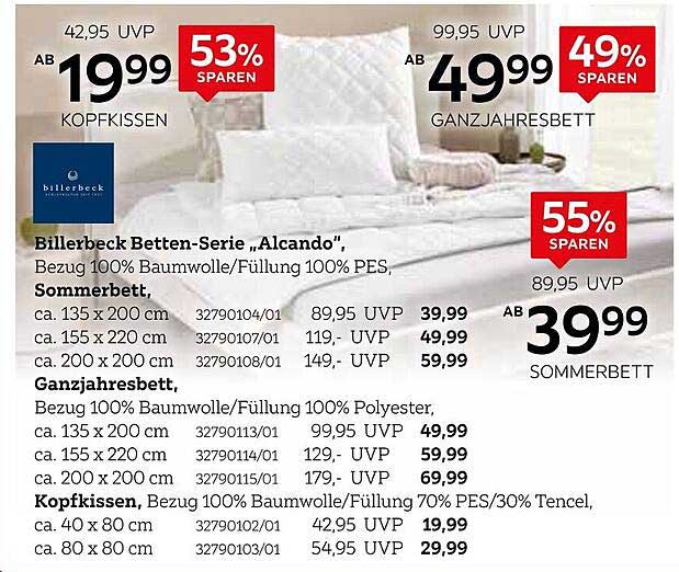 Billerbeck Betten-Serie „Alcando“: Kopfkissen und Ganzjahresbett – Sparen Sie bis zu 55%