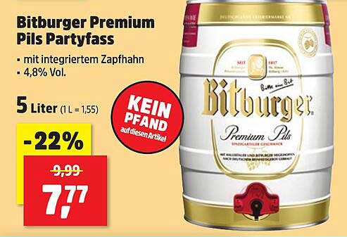 Bitburger Premium Pils Partyfass 5 Liter mit integriertem Zapfhahn, 4,8% Vol.
