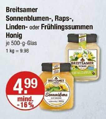 Breitsamer Sonnenblumen-, Raps-, Linden- oder Frühjahrsblüten Honig je 500-g-Glas