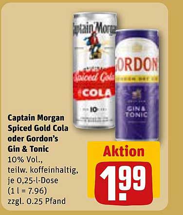 Captain Morgan Spiced Gold Cola oder Gordon’s Gin & Tonic 0,25 l Dose