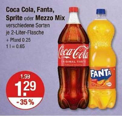 Coca Cola, Fanta, Sprite oder Mezzo Mix je 2-Liter-Flasche