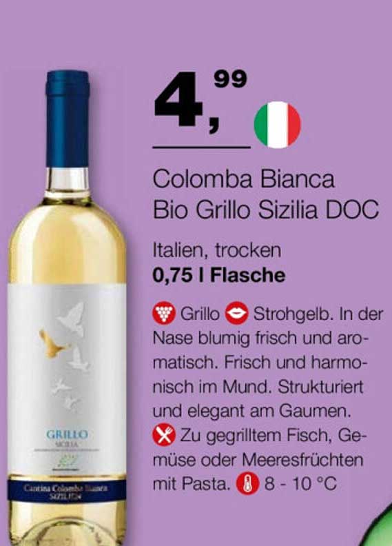 Colomba Bianca Bio Grillo Sizilia DOC, 0,75 l Flasche - trocken