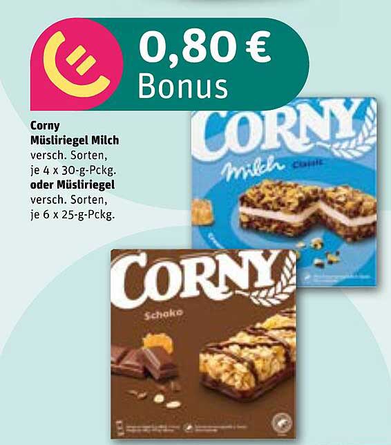 Corny Müsliriegel Milch verschiedene Sorten, je 4 x 30-g-Pack.