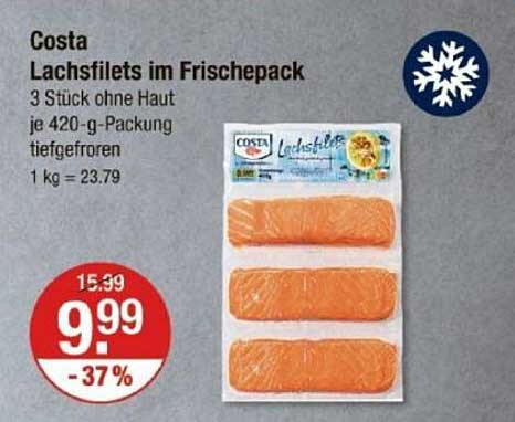 Costa Lachsfilets im Frischepack 3 Stück ohne Haut je 420-g-Packung tiefgefroren