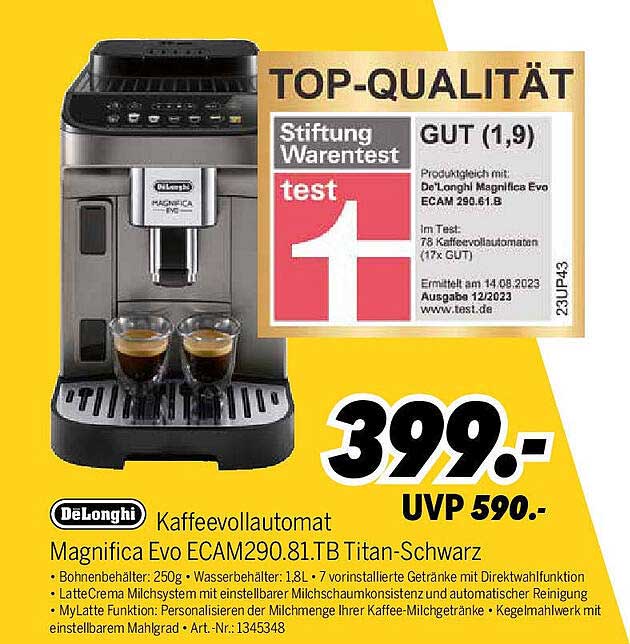 DeLonghi Kaffeevollautomat Magnifica Evo ECAM290.81.TB Titan-Schwarz