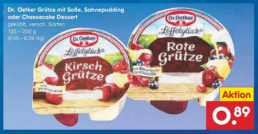 Dr. Oetker Grütze mit Soße, Sahnepudding oder Cheesecake Dessert