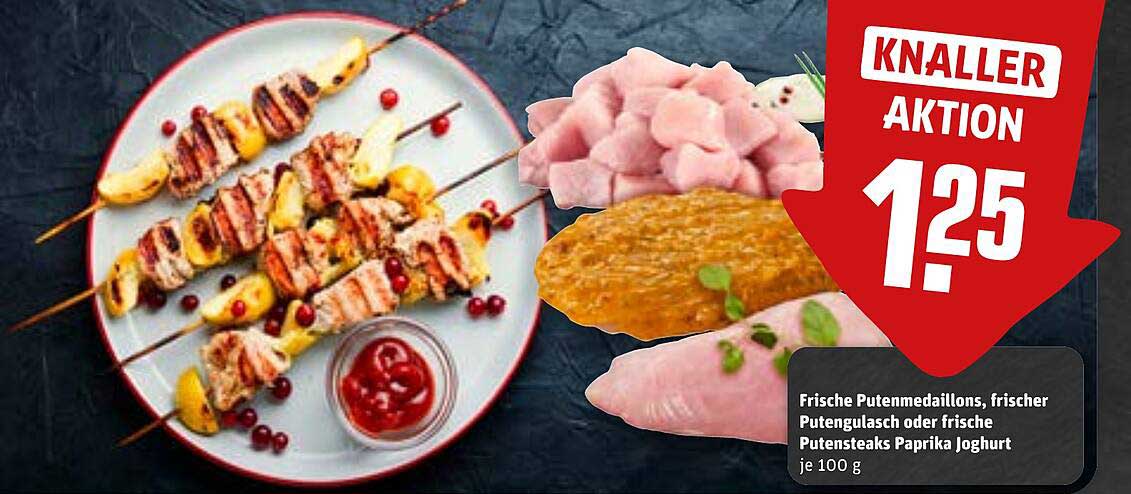 Frische Putenspieße, frischer Putengulasch oder frische Putensteaks Paprika-Joghurt je 100 g