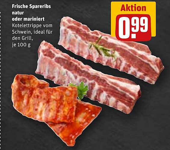Frische Spareribs natur oder mariniert, Koteletttrippe vom Schwein, ideal für den Grill, je 100 g