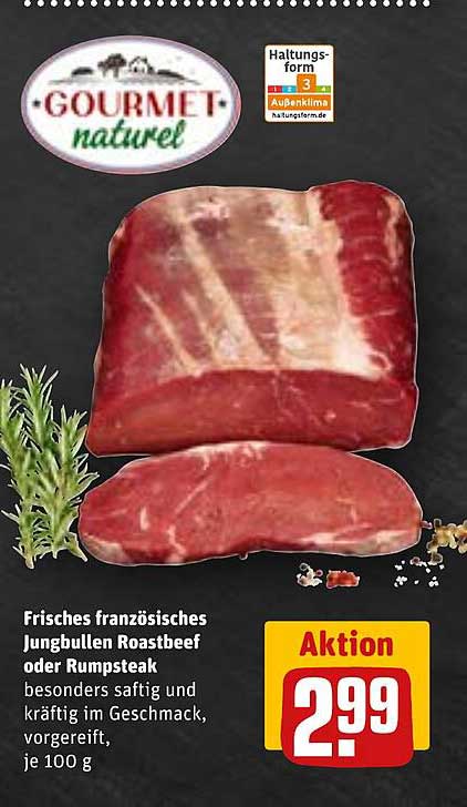 Frisches französisches Jungbullen Roastbeef oder Rumpsteak, je 100 g