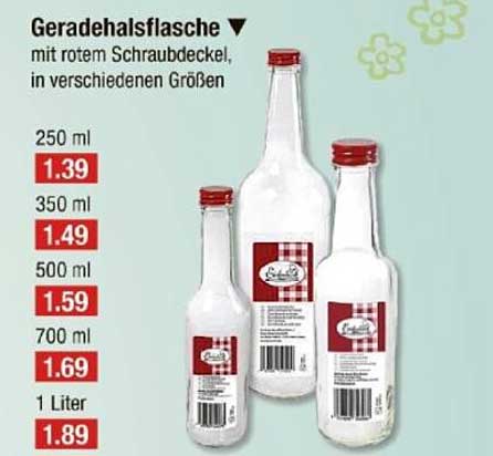 Geradehalsflasche mit rotem Schraubdeckel, in verschiedenen Größen