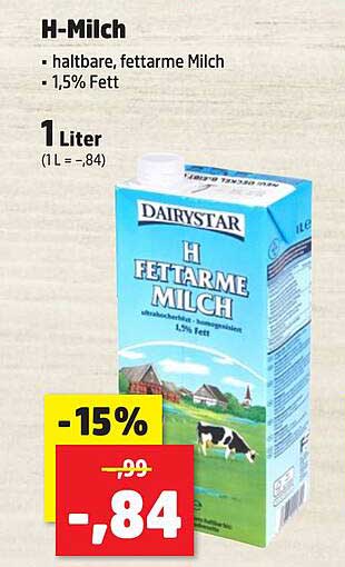 H-Milch - haltbare, fettarme Milch 1,5% Fett von Dairystar