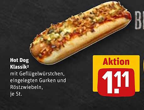 Hot Dog Klassik² mit Geflügelwürstchen, eingelegten Gurken und Röstzwiebeln, je St.