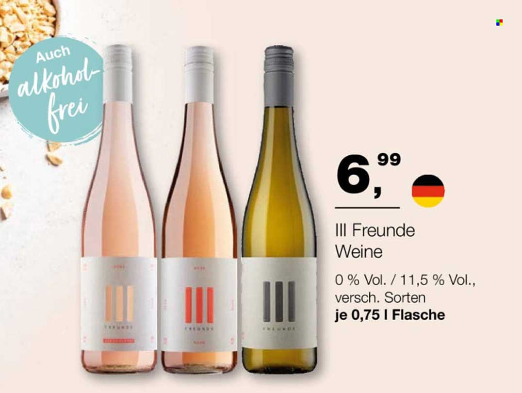 III Freunde Weine - 0 % Vol. / 11,5 % Vol., versch. Sorten, je 0,75 l Flasche
