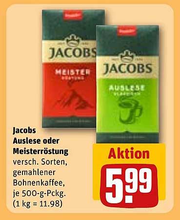 Jacobs Auslese oder Meisterröstung gemahlener Bohnenkaffee, 500 g