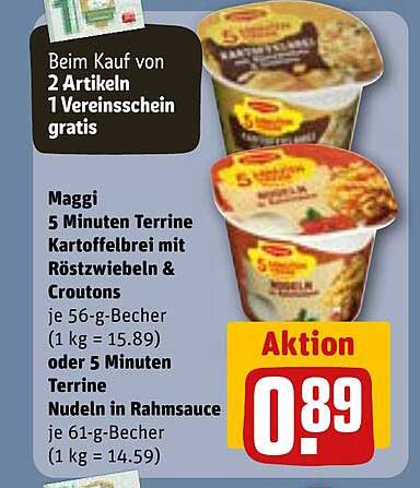 Maggi 5 Minuten Terrine Kartoffelbrei mit Röstzwiebeln & Croutons und Nudeln in Rahmsauce