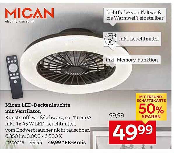 Mican LED-Deckenleuchte mit Ventilator