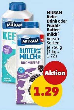 MILRAM Kefir-Drink oder Frucht-Buttermilch 750 g für nur 1,29 €