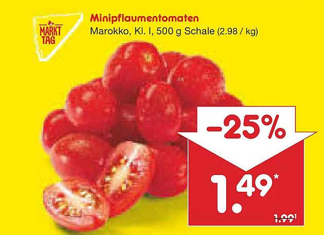 Minipfläumchentomaten Marokko, KI. I, 500 g Schale (2.98 / kg)
