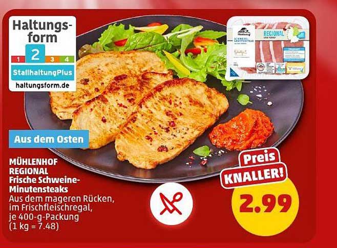 MÜHLENHOF REGIONAL Frische Schweine-Minutensteaks, 400-g-Packung