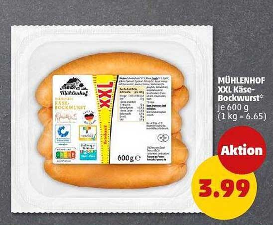 MÜHLENHOF XXL Käse-Bockwurst* je 600 g (1 kg = 6,65 €)