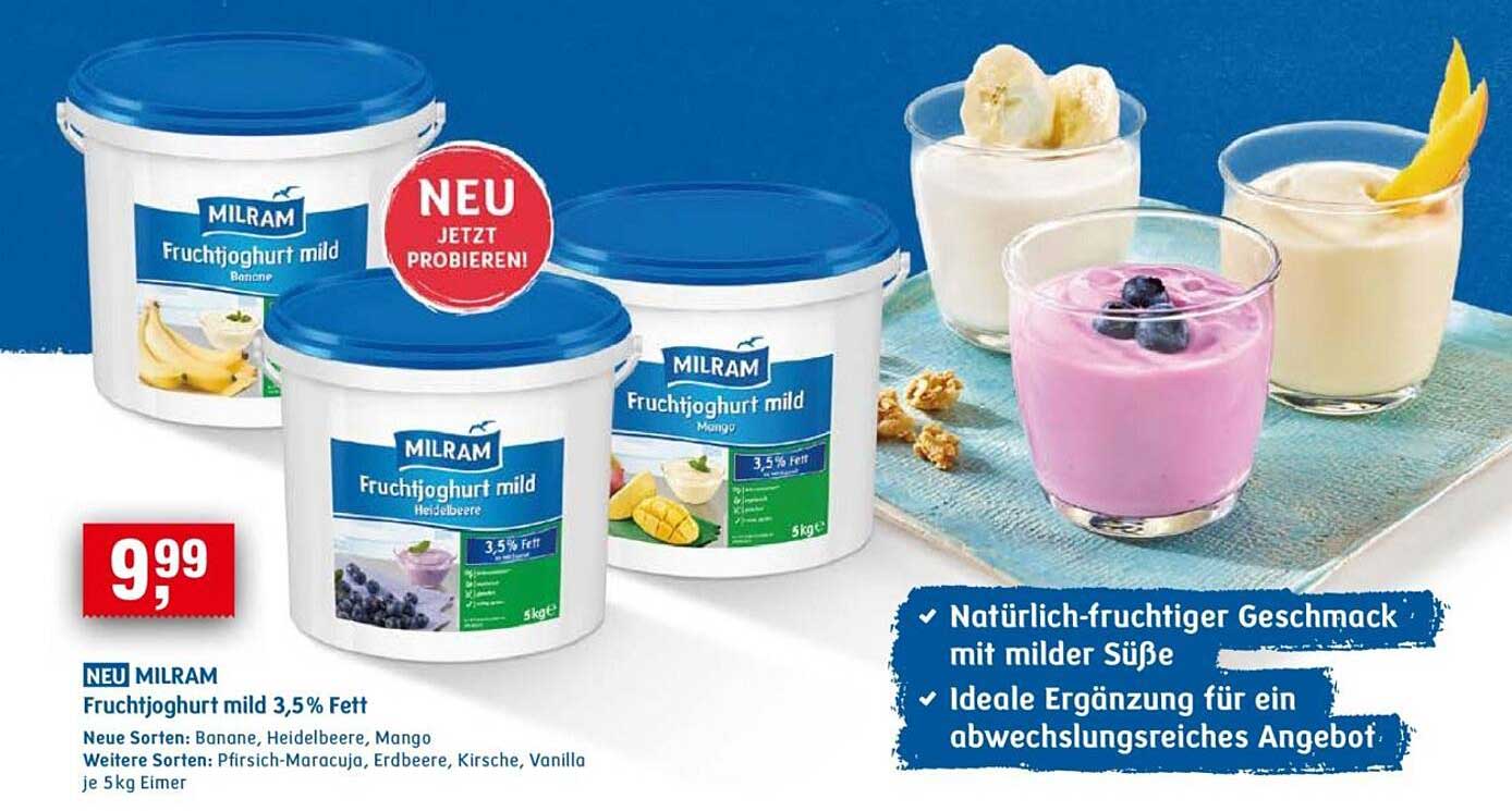 NEU MILRAM Fruchtjoghurt mild 3,5% Fett – Neue Sorten: Banane, Heidelbeere, Mango