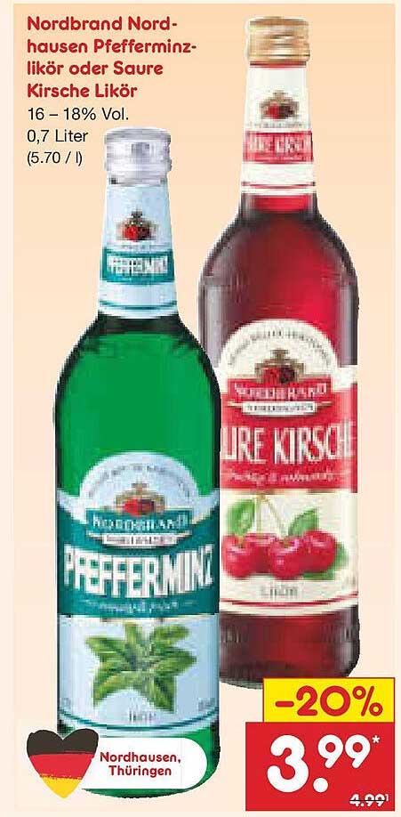 Nordbrand Nordhausen Pfefferminzlikör oder Saure Kirsche Likör 0,7 Liter