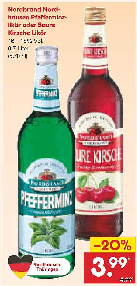 Nordbrand Nordhausen Pfefferminzlikör oder Saure Kirsche Likör 0,7 Liter
