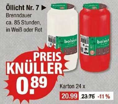 Öllicht Nr. 7 – Brenndauer ca. 85 Stunden, in Weiß oder Rot