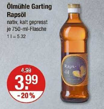 Ölmühle Garting Rapsöl nativ, kalt gepresst je 750-ml-Flasche